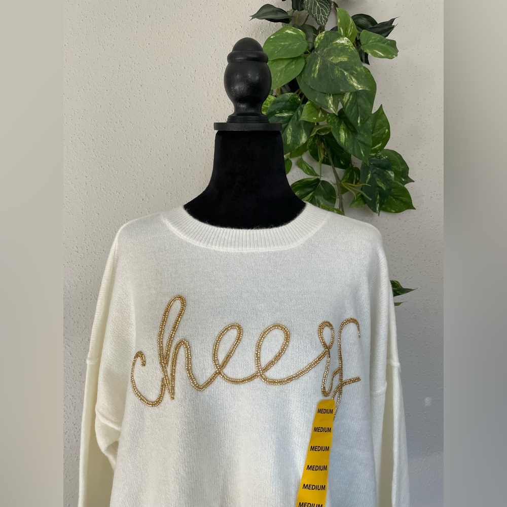 Vince Camuto Cream elegante Sweater with Gold Cheer Design size M